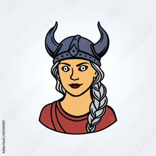 a character illustration of a Viking woman with a grey-horned helmet and long hair