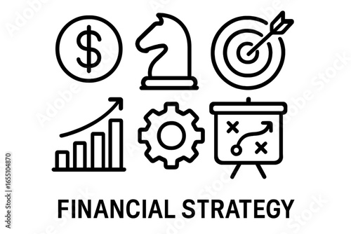 Financial strategy icons with dollar sign, chess piece, and target financial strategy chart