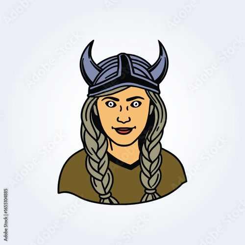 a character illustration of a Viking woman wearing a grey helmet