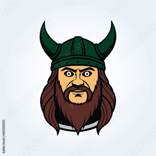 a character illustration of a Viking man wearing a green helmet