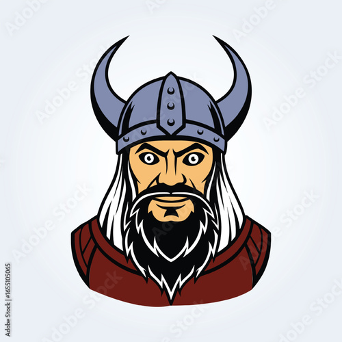a character illustration of a Viking man wearing a grey helmet