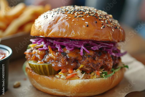 Loaded burger with various toppings.