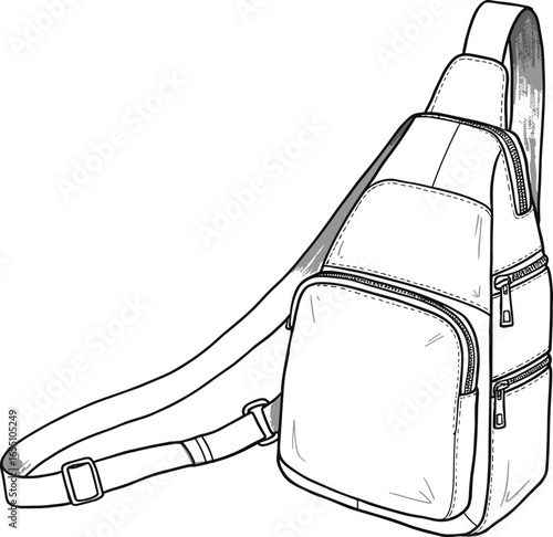 Crossbody sling bag flat sketch, modern shoulder backpack design template, fashion accessory technical vector illustration