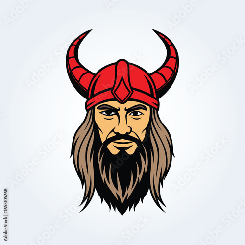 a character illustration of a Viking man with a red-horned helmet and long beard