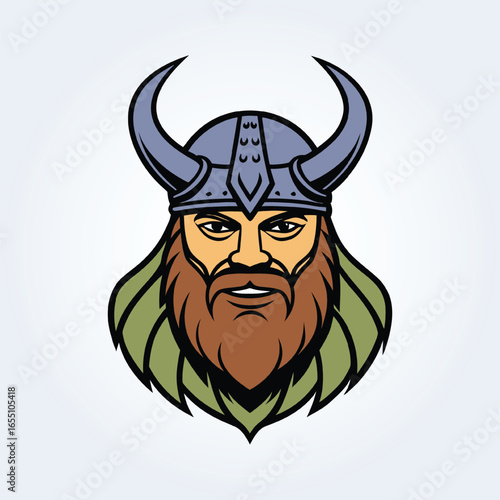 a character illustration of a Viking man with a horned helmet and brown beard
