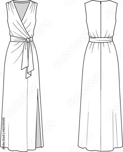 Elegant sleeveless wrap dress vector template, long maxi gown design, fashion flat sketch front and back