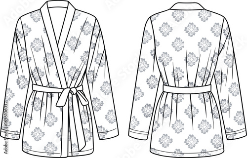Floral kimono robe, elegant sleepwear, women’s loungewear, fashion dressing gown design, stylish nightwear vector illustration