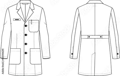 Lab coat, doctor coat, medical uniform vector, professional white coat illustration, hospital workwear fashion sketch