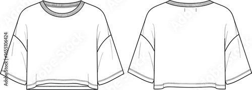 Oversized crop top, loose fit t-shirt, short sleeve fashion sketch, women’s casual streetwear vector illustration