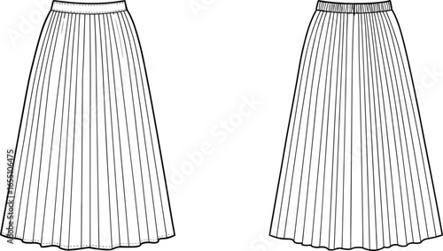 Pleated maxi skirt fashion flat sketch, long skirt technical drawing template, women apparel sewing pattern design