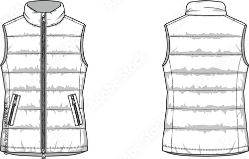 Puffer vest vector fashion flat sketch, sleeveless quilted jacket design template, winter outerwear apparel illustration