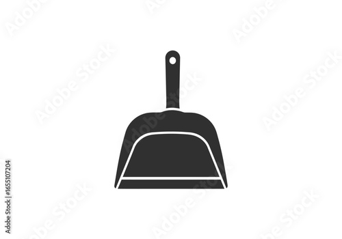 Simple Black Dustpan with Handle and Hole Isolated on White.