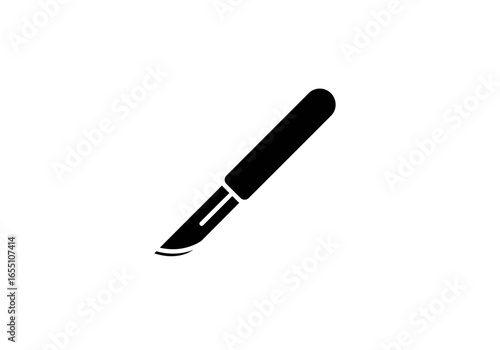 Black Surgical Scalpel with Curved Blade and Handle Icon.
