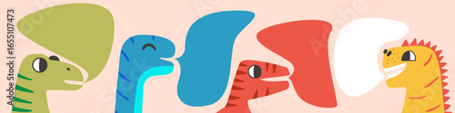 Set of variations of dinosaur heads with speech bubble. Children's cartoon dino set. Elements for banners, poster, card, kids party.