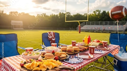 Tailgate party food ideas for football season with burgers and hot dogs and stadium view fun day video 4k Video 4k
