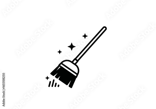 Vector Illustration of a Black Broom with Cleaning Sparkles.