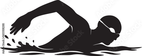 Black silhouette of a swimmer with goggles and cap in water splashes swimming black and white