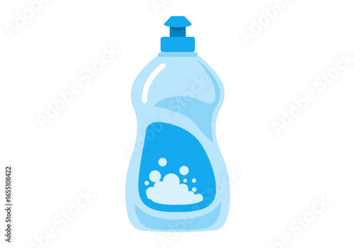 Light Blue Dish Soap Bottle with Pump Dispenser and Foam Graphic.