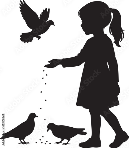 Black silhouette of a young girl feeding pigeons with seeds child birds