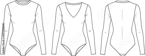 Women’s long sleeve bodysuit fashion flat sketch, vector template with round neck, V-neck, back view illustration