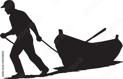 Silhouette of a man pulling a rowboat with oars on a white background vector