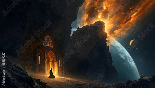 Mysterious figure approaching glowing stained glass inside ruined cathedral