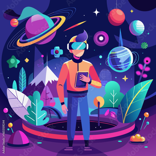 A vibrant vector artwork showing VR technology with a person wearing a headset, exploring virtual worlds of gaming, education, and adventure in a futuristic style.