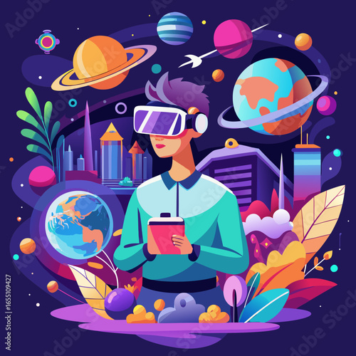 A vibrant vector artwork showing VR technology with a person wearing a headset, exploring virtual worlds of gaming, education, and adventure in a futuristic style.