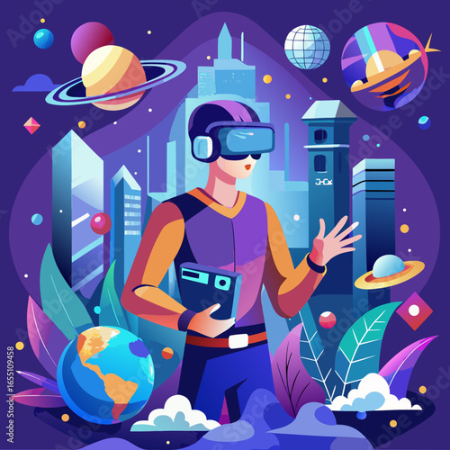 A vibrant vector artwork showing VR technology with a person wearing a headset, exploring virtual worlds of gaming, education, and adventure in a futuristic style.