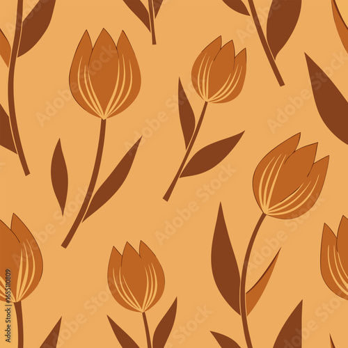 Hand drawn sepia tone tulip floral seamless pattern