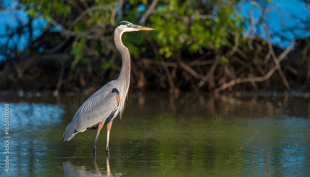 Obraz premium Graceful great blue heron stands in shallow water, its posture highlighting the tranquil marsh environment.