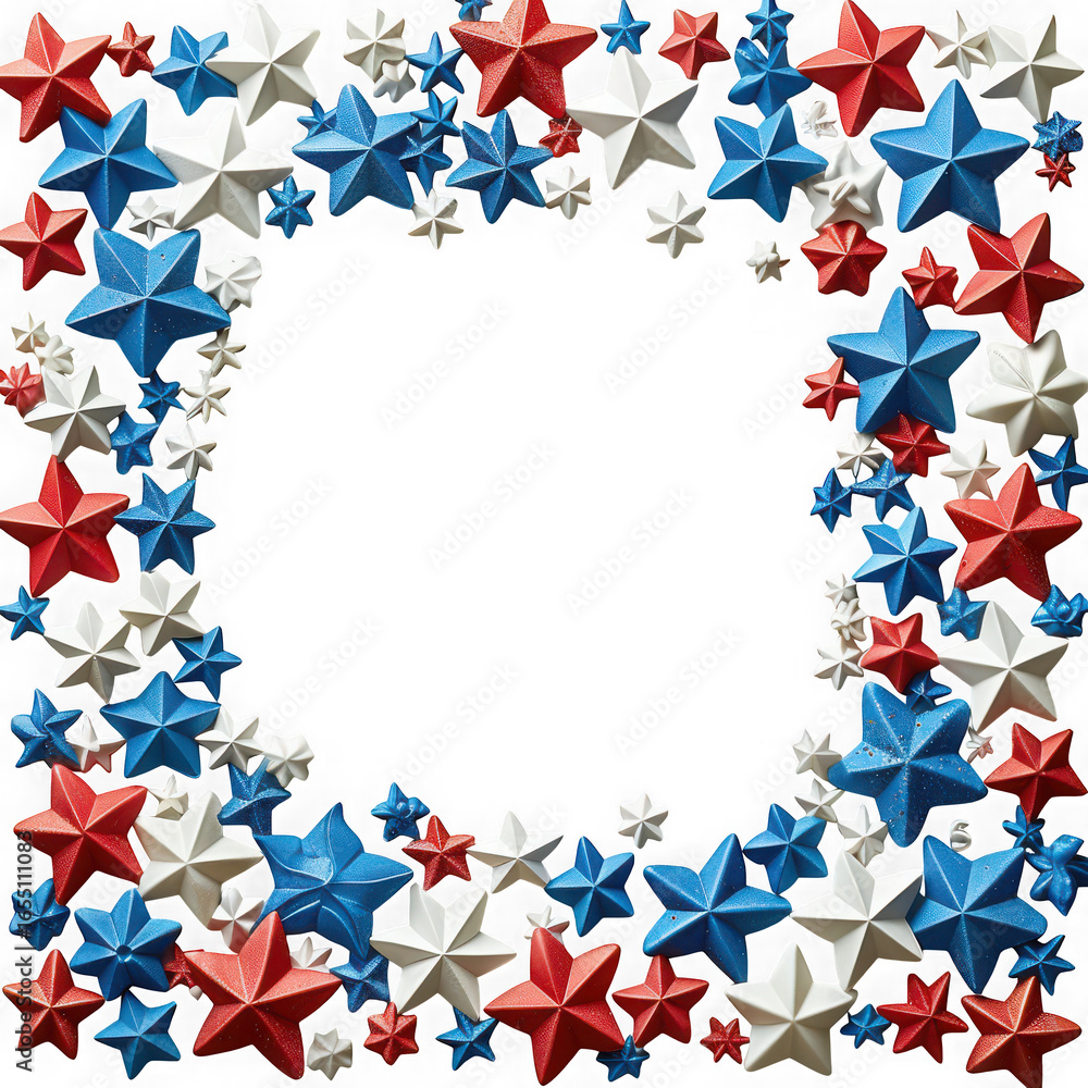 Obraz premium A decorative frame made of red, white, and blue glitter stars, creating a patriotic border with a central white space for text or images isolated on transparent background