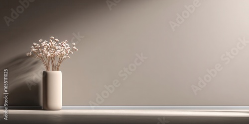 Light Beige Vase With White Flowers Against Light Brown Wall