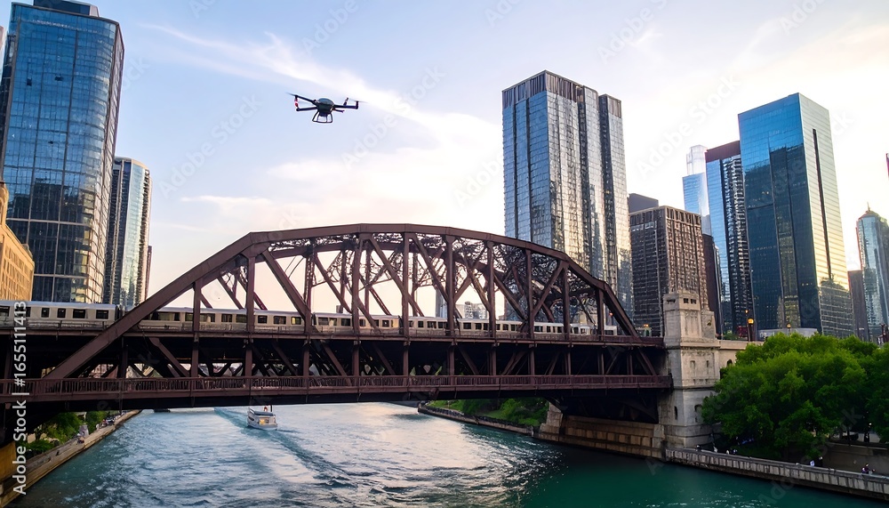 Fototapeta premium A drone flies over a city skyline, with a train crossing a large, ornate bridge, over a calm river.