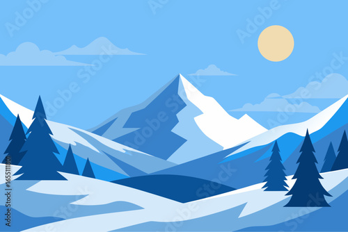 Flat design winter mountain landscape with snow and sun