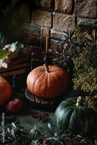 Pumpkin harvest on a table decorated with autumn leaves. Seasonal vegetables on a table. A closeup of seasonal pumpkin harvest. A still life with pumpkins