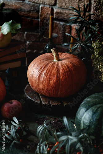 Pumpkin harvest on a table decorated with autumn leaves. Seasonal vegetables on a table. A closeup of seasonal pumpkin harvest. A still life with pumpkins