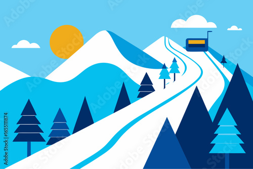Stylized ski slope with gondola and snowy mountains