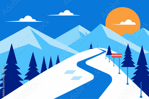 Stylized winter mountain landscape with ski slope and sun