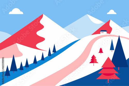 Stylized winter mountain landscape with snowy peaks and trees