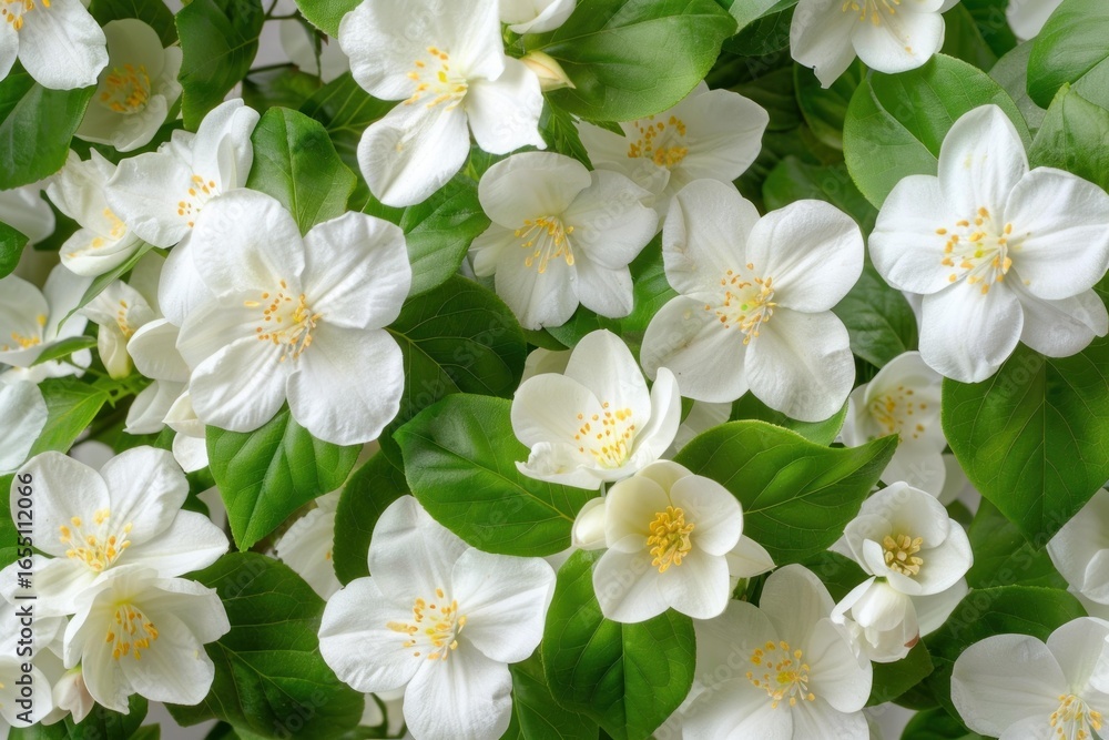 Obraz premium Close up view of delicate white jasmine flowers and green leaves, creating a stunning natural background