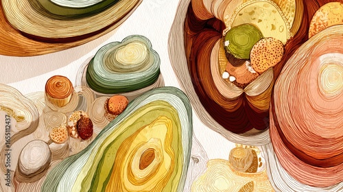 Abstract layered forms in warm and cool tones.