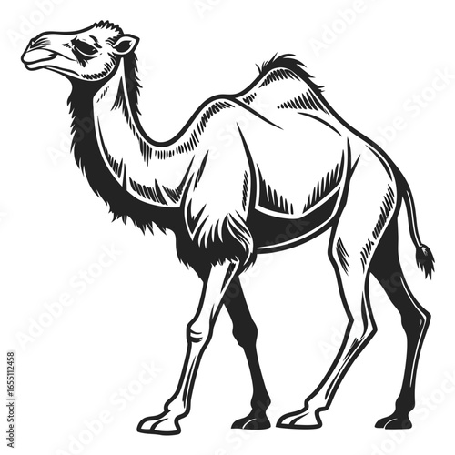 Monochrome illustration of a dromedary camel, vintage style, desert animal, elegant and majestic.