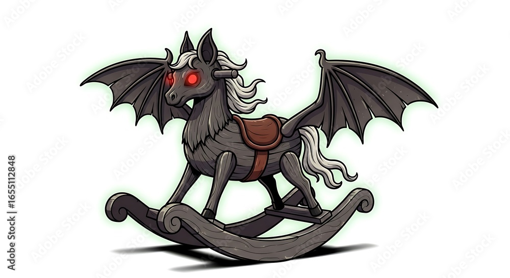 Fototapeta premium A dark rocking horse with bat wings and glowing red eyes on a white background digital illustration