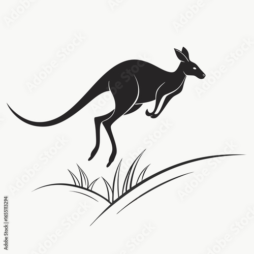 Silhouette of Leaping Kangaroo and Joey in Australian Outback Landscape: Dramatic, Monochrome Vector Illustration