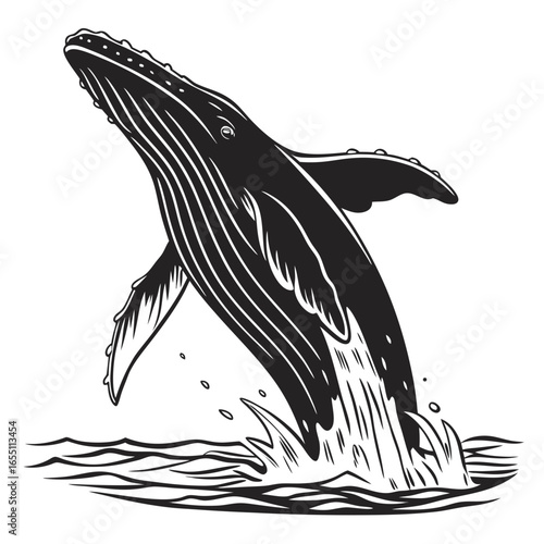 Majestic Humpback Whale Breaching; Monochrome Vintage Illustration; Powerful Ocean Wildlife Graphic