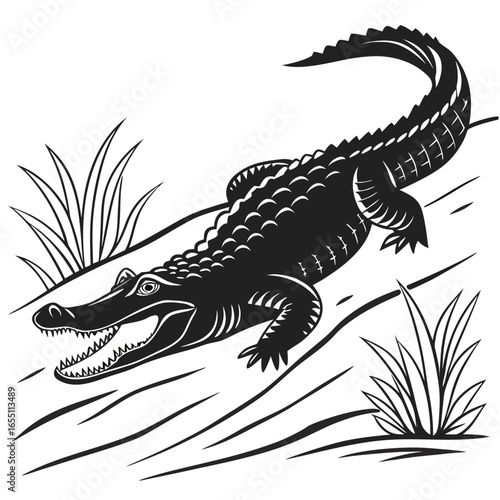 American Alligator, Monochrome Illustration,  Swamp Habitat,  Vintage Style,  Powerful Predator,  Wildlife Art,  Black and White Graphic.