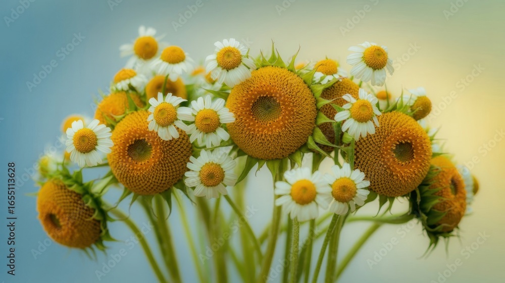 Fototapeta premium Floral Symphony: A cluster of vibrant daisy-like blooms create a captivating display, their petals reaching towards the light with simple beauty. 