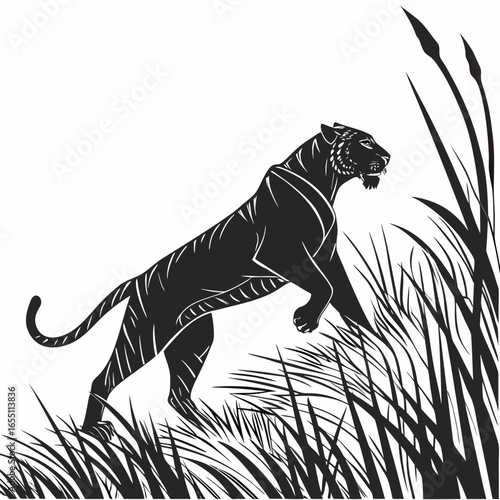 Powerful Black and White Tiger Silhouette Stalking Through Tall Grass, Dramatic Wildlife Illustration