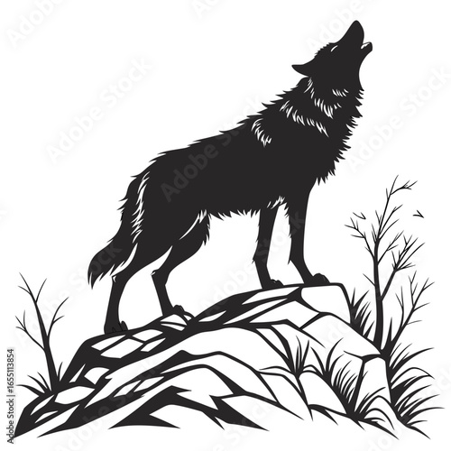 Majestic Wolf Silhouette Howling on Rocky Peak: Dramatic Black and White Wildlife Illustration